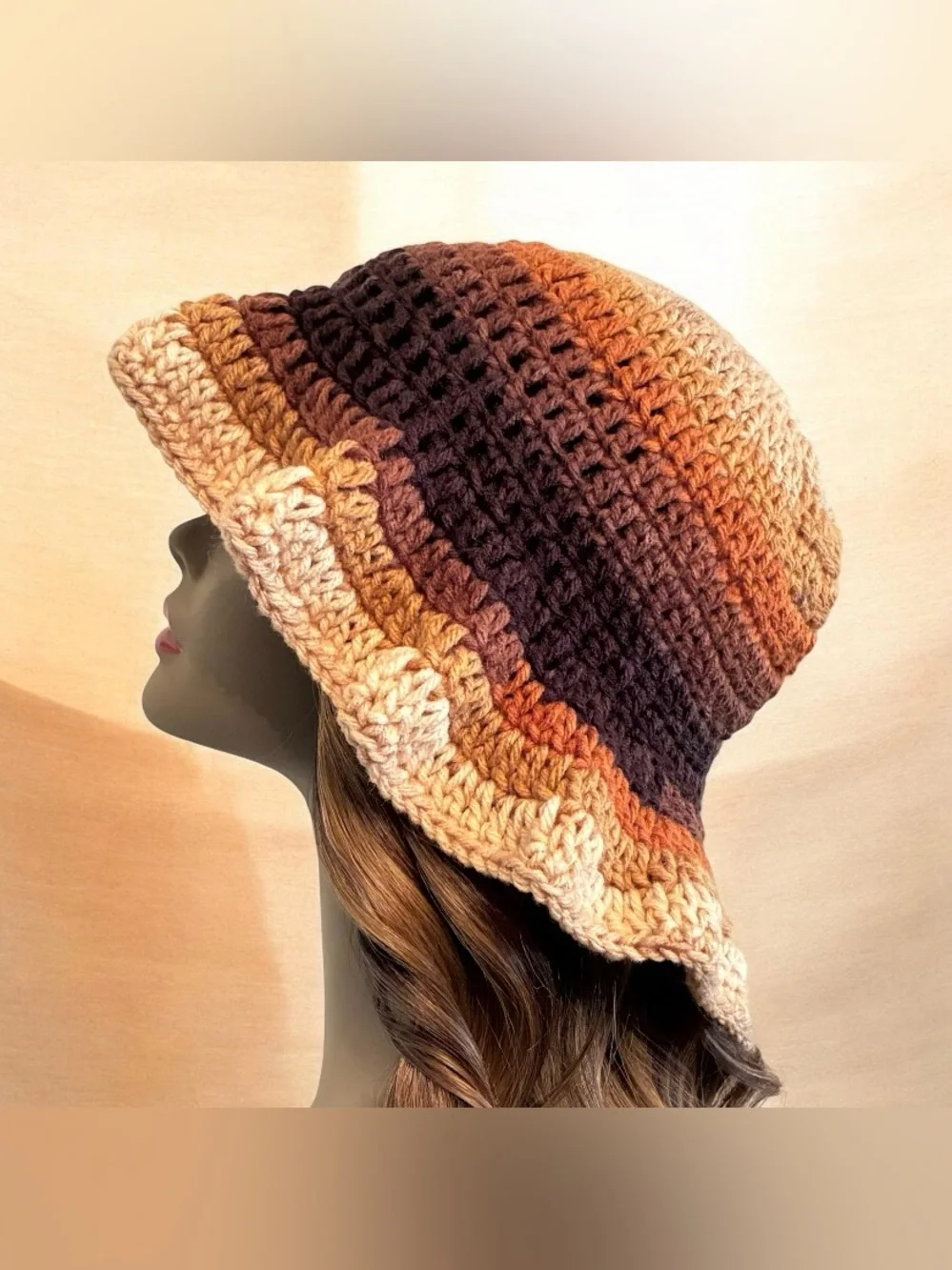 Handmade Crochet Ruffled Bucket Hat - Brown Multi - Picture 3 of 4